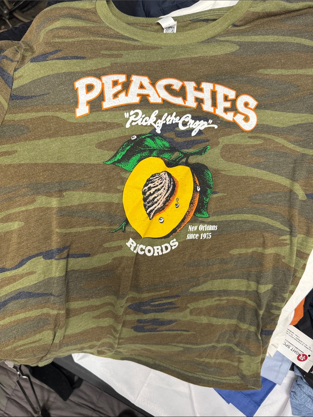 Alternative Camo Green Peaches Record Store Graphic Short Sleeve Tee